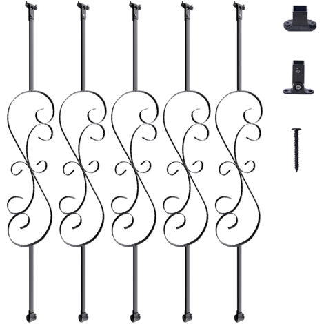 Mophorn Balaustres de Metal para Escaleras Barras Decorativas de Barandilla de 1122mm de Acero Galvanizado 5 Balaustres de S con Zapatas y Tornillos para Barandilla de Escalera de Caracol Hueco, Negro