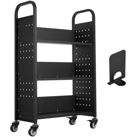 Mophorn Carro para Libros de 3 Niveles con Ruedas 77 x 38 x 122 cm Estantería de Almacenamiento en Forma de L para Biblioteca, Librería, Oficina y Escuela, Color Negro (1/5)