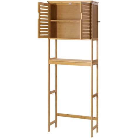 Mophorn Armario de bambú para inodoro, organizador de baño de 170 cm de alto con puertas dobles, estante interior ajustable y espacio de almacenamiento abierto, acabado natural.