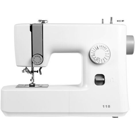 Mophorn Máquina de coser con 18 tipos de puntadas, luz LED, pedal, control sencillo mediante dial, estructura interna de metal, diseño ligero y portátil, ideal para manualidades, color blanco