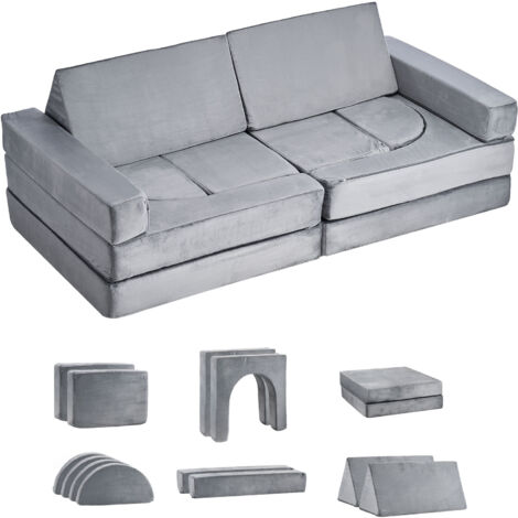 Mophorn Sofá modular para niños, diseño convertible seccional con espuma 28D y tela de pelo corto, incluye reposabrazos, ideal para combinaciones creativas en salas de juegos, 14 piezas, color gris (1/5)