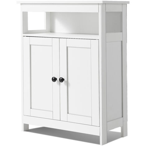 Mophorn Armario de baño de madera con 3 niveles de almacenamiento, 2 puertas y estante ajustable, diseño moderno y autónomo, ideal para toallas, cosméticos y accesorios de ducha, color blanco