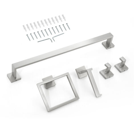 Mophorn Juego de Accesorios de Baño, Acero Inoxidable 304, con Toallero, Anillo Cuadrado, 2 Ganchos y Portarrollos de Papel Higiénico, para Montaje en Pared, 598 x 50 x 80 mm, Color Plata, 5 Piezas
