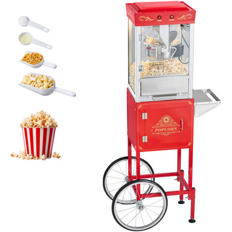 Mophorn Máquina de palomitas con carrito y hervidor, capacidad de 48 tazas por carga, con dos botones de control, paredes de vidrio y puerta de policarbonato, incluye cucharón y tres cucharas, rojo