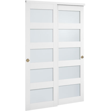 Mophorn Puerta corredera para armario, diseñada para espacios de 1219 x 2032 mm, con doble hoja de 5 paneles de vidrio esmerilado y herrajes incluidos, fabricada en madera maciza y MDF, blanco