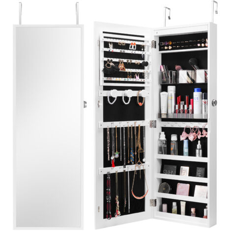 Mophorn Armario para Joyas de 108 cm de Alto con Cerradura y Espejo de Cuerpo Entero, Organizador de Joyas con Espejo para Montaje, Incluye Luces LED Internas y Forro de Terciopelo, Color Blanco