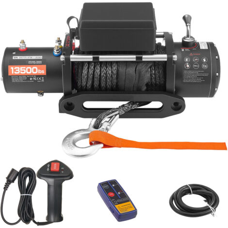 Mophorn Cabrestante eléctrico de 12 V CC, capacidad de 6100 kg, con cable sintético de 26 m, control remoto inalámbrico y con cable, IP55, ideal para remolcar SUV, jeeps, 534 x 160 x 215 mm, negro