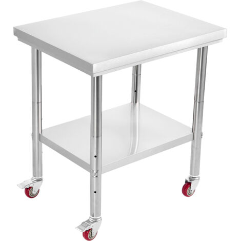 Mophorn Mesa de Trabajo de Acero Inoxidable con Ruedas, Superficie de Preparación con Estantes Ajustables para Cocina, Garaje y Taller, Dimensiones 76 x 60 x 85 cm