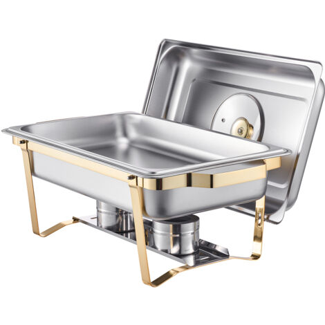 Mophorn Juego de calentador de alimentos de acero inoxidable con 4 recipientes rectangulares de 7,5 L cada uno, tapa transparente y soporte para bandeja de agua, ideal para eventos y celebraciones, (1/5)
