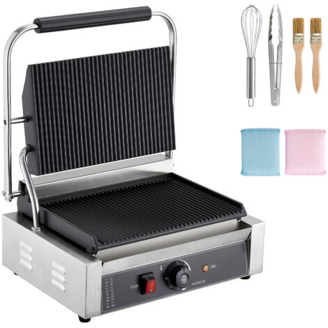 Mophorn Parrilla de prensa para panini con placa esmaltada de 34 x 23 cm, prensa eléctrica para sándwiches de acero inoxidable con asa y control de temperatura, con ranuras completas