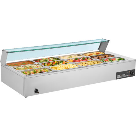 Mophorn Calentador de alimentos eléctrico de 1700 W, con tapa de cristal, incluye 12 sartenes, baño maría con cucharones para sopa y perforados, rango de temperatura ajustable de 30 a 85 ℃