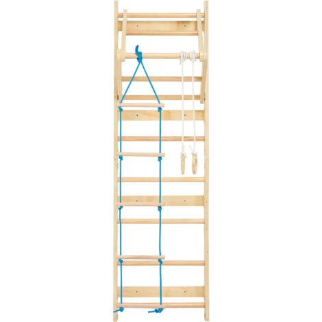 Mophorn Escalera sueca de gimnasio con barras de madera maciza, 8 niveles, equipo de escalada para interiores con capacidad de 100 kg, montaje en pared, incluye barra de dominadas y anillas