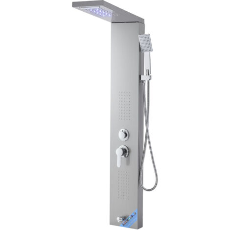 Mophorn Sistema de ducha con panel tipo torre y cabezal efecto lluvia, LED, acero inoxidable, 5 funciones, montaje en pared, con boquilla de mano y caño para bañera, color plata