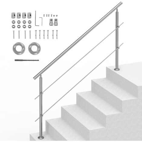 Mophorn Pasamanos para escaleras exteriores de 70,9 pulgadas (largo). Kit de pasamanos para escaleras de acero inoxidable con instalación. Kit de pasamanos para escaleras con 2 barras transversales