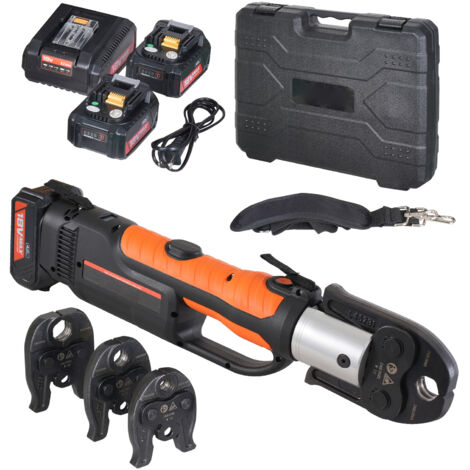 Mophorn Kit de Batería y Herramienta de Prensado, Herramienta de Prensado Profesional, Herramienta Eléctrica de Crimpado de Tubos con Mordazas M15, M22, M28, 2 Baterías de 20 V 4,0 Ah