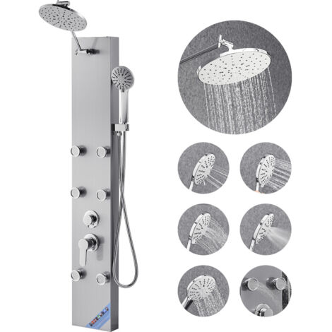 Mophorn Sistema de torre de ducha con cabezal tipo lluvia, acero inoxidable, incluye grifo de 3 funciones, diseño para montaje en pared con 6 chorros corporales y ducha de mano, 1240 x 200 x 450 mm (1/5)