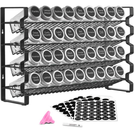 Mophorn Organizador de Especias para Gabinete, incluye 36 Frascos Vacíos, Tapas, Etiquetas y Embudo, Set Completo para Cocina, Encimera, Despensa y Armario, 463 x 118 x 282 mm, 4 Niveles, Color Negro