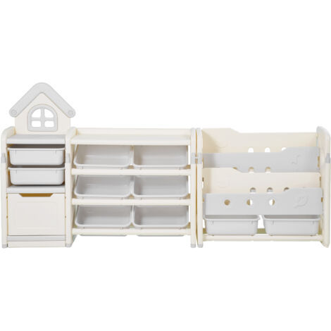 Mophorn Organizador de juguetes infantil con estantería de 4 niveles, incluye 10 compartimentos de plástico extraíbles, perfecto para sala de estudio, dormitorio, área de juegos, aula y guardería