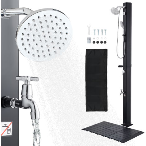 Mophorn Ducha solar de 40 L y 205 cm, sin necesidad de conexión eléctrica. Incluye base y grifo, cabezal giratorio 360°, ajuste de agua fría y caliente hasta 60 °C, PVC reforzado, negro.