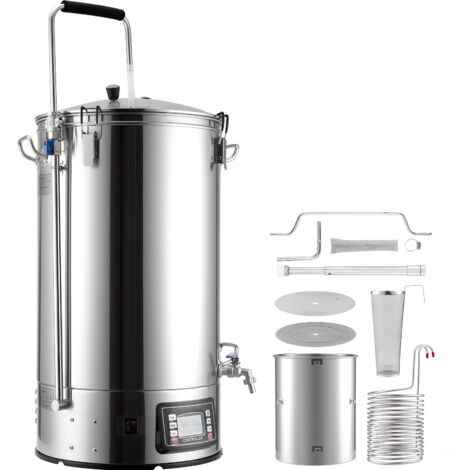 Mophorn Sistema eléctrico para elaboración de cerveza, olla de cocción de 60 litros, cuba de maceración con función de memoria de recetas, panel de control y tubo de circulación, color plata (1/5)