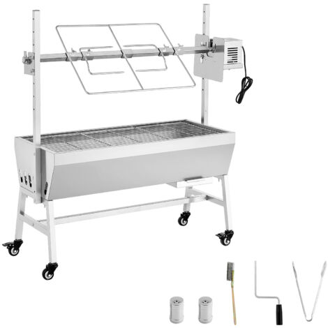 Mophorn Asador giratorio eléctrico de 38 W para barbacoa al aire libre, con capacidad de carga de hasta 60 kg, ruedas para fácil transporte y 7 niveles ajustables de altura.