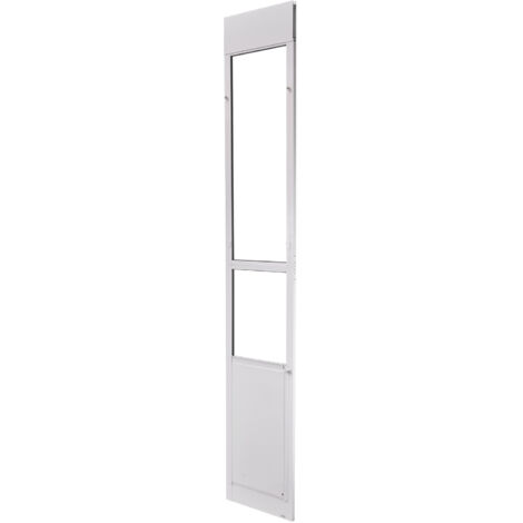 Mophorn Puerta para mascotas con panel de vidrio deslizante, altura ajustable de 2311-2439 mm, estructura de aleación de aluminio con bisagras metálicas y cerradura, blanco, 2440 x 445 x 20 mm, XL