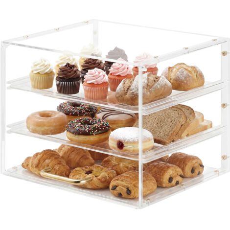 Mophorn Vitrina de panadería de 3 niveles para mostrador, expositor comercial para repostería, panera de acrílico transparente para cocina, vitrina para pasteles con puerta abatible, 39 x 32 x 16,5 cm (1/5)