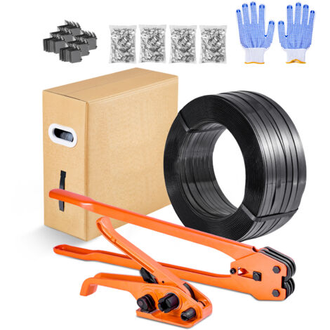 Mophorn Juego de Flejes Manuales Banda PET 15,9mm x 610m, Kit de Herramientas para Flejado con Tensor, Selladora, Guante, 600 Sellos Metálicos y 200 Protectores de Esquinas, Ideal para Empaquetado