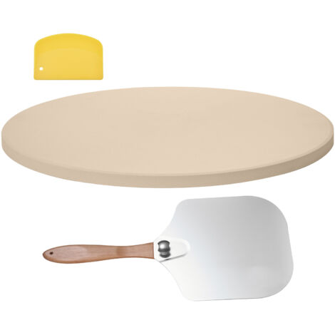 Mophorn Piedra para Pizza de 381 x 381 mm, Redonda de Cordierita, Placa Amplia con Raspador y Pala de Aluminio, 17 mm de Grosor, Resistente al Calor hasta 787 °C, Ideal para Horno, Pan y Pizza