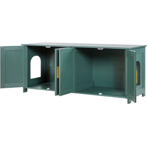 Mophorn Arenero para gatos de madera,1200 x 450 x 500mm,con 4 puertas y 2 entradas,mueble interior compatible con la mayoría de areneros,verde,capacidad de carga superior de 60 kg e inferior de 45 kg