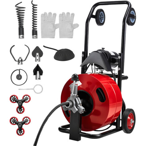 Mophorn Máquina de limpieza de desagües 30m x 19mm,equipo para limpieza de tuberías alimentación automática y ruedas integradas,incluye 6 cortadores y pedal neumático,apta para tubos de 100 a 200 mm