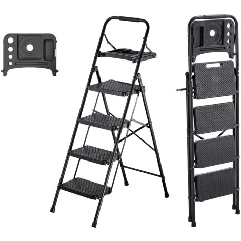 Mophorn Escalera plegable de 4 peldaños con estructura de acero, capacidad máxima de 272 kg, pies antideslizantes, bandeja para herramientas y asa de goma, ideal para uso en hogar, cocina u oficina