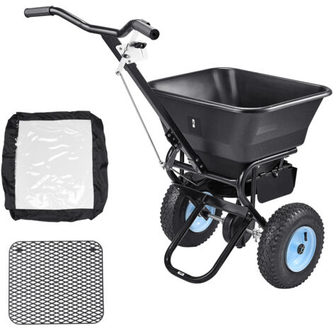Mophorn Esparcidor manual con capacidad de 45,2kg,equipado con rejilla de tolva y ruedas.Ofrece un ancho de distribución ajustable de 0 a 3m,ideal para semillas y fertilizantes en jardines y céspedes.