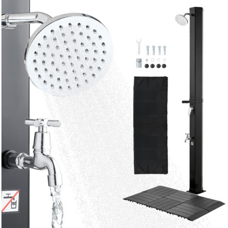 Mophorn Ducha solar de 35 litros y 195 cm, diseñada para exteriores, con base y grifo de pedal. Fabricada en PVC reforzado, ideal para piscina, jardín o playa, color negro.