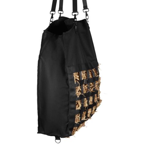 Mophorn Bolsa de heno para caballos, 55 x 18,5 x 64 cm, agujeros de 46 x 46 mm,fabricada en nailon resistente, con revestimiento de PVC impermeable, correas ajustables y ganchos metálicos, color negro