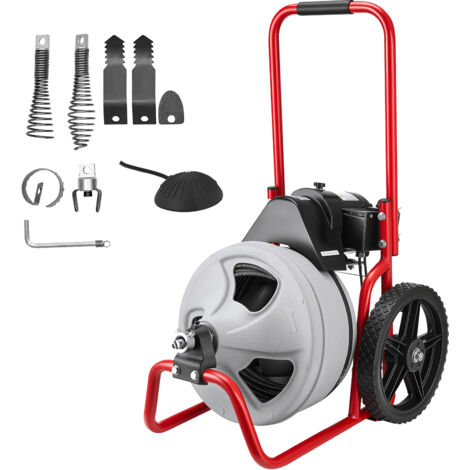 Mophorn Máquina de limpieza de desagües 22 m x 9,5 mm, equipo para desatascar tuberías con alimentación manual y ruedas, incluye 4 cortadores y pedal neumático, ideal para tubos de 5-10 cm