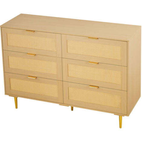 Mophorn Cómoda de ratán con 6 cajones, tiradores y patas metálicas, amplio espacio de almacenamiento,mueble moderno para dormitorio, sala de estar o entrada, 120 x 39,5 x 85,4 cm, color madera natural
