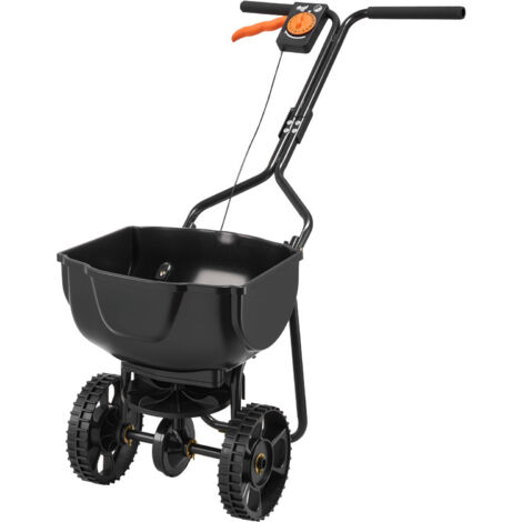 Mophorn Esparcidor manual con capacidad de 6,8 kg, diseñado con rejilla en la tolva y neumáticos resistentes, ofrece un ancho de dispersión ajustable de 0 a 3 m para semillas y fertilizantes