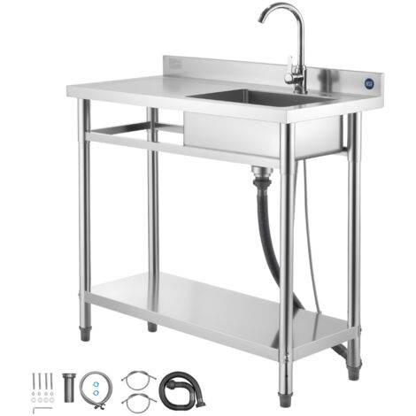 Mophorn Fregadero de acero inoxidable, 100 x 50 x 94 cm, con tubo corto y manguera larga, ideal para garajes, restaurantes, lavanderías y exteriores, con encimera izquierda y acabado cepillado