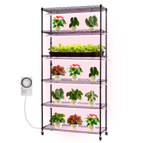 Mophorn Estantería para Plantas con Luz de Cultivo de 6 Niveles, Altura de 180 cm y Potencia de 150 W, con Ruedas Giratorias y Temporizador Mecánico, 900 x 350 x 1800 mm
