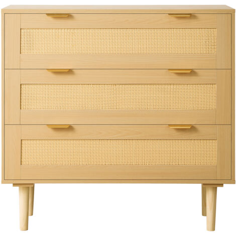Mophorn Cómoda de ratán con 3 cajones, tiradores y patas metálicas, amplio espacio de almacenamiento, mueble moderno para dormitorio, salón o recibidor, 800 x 350 x 770 mm, color madera natural