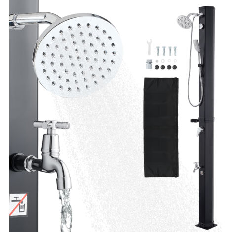 Mophorn Ducha solar de 40 litros y 205 cm, diseñada para exteriores con grifo y rociador de mano, cabezal giratorio de 360° y ajuste de agua fría y caliente hasta 60 °C, PVC reforzado, negro