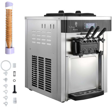 Mophorn Máquina comercial para helado suave de 3 sabores, 2200 W, capacidad de 20-28 L/h, equipo de sobremesa con 2 tolvas de 6 L, función de agitación en tolva, preenfriado y sistema de autolimpieza