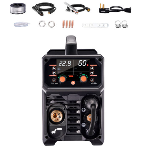 Mophorn Soldadora MIG Pro, máquina de soldadura MIG pulsada de 250 A. Soldadora sinérgica 5 en 1 con tecnología de inversor IGBT y pantalla LCD. Soldadura MIG pulsada/MIG a gas/MIG con núcleo fundente (1/5)