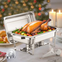 Mophorn Juego de buffet de platos calientes 8 cuartos de galón (2 unidades), acero inoxidable con 2 bandejas grandes, calentador rectangular para catering con tapa, bandeja de agua