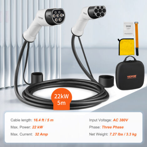 VEVOR Cable de Vehículo Electrico Tipo 2 a Tipo 2 Cable de Carga EV 32A 22kW Cable de 5m IP66 Impermeable con Bolsa de Transporte para IEC62196 Híbrido de Carga de Coches Electricos CE TUV Tres Fases