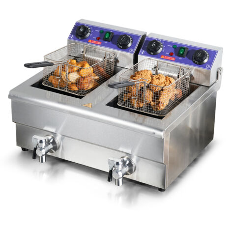 Mophorn Freidora Electrica Comercial 2Tanques 12L 6000W Freidora de Aceite de Acero Inoxidable con 2Cestas para Freír Temperatura y Tiempo Ajustables 50-200°C para Aros de Cebolla Pollo Patatas Fritas
