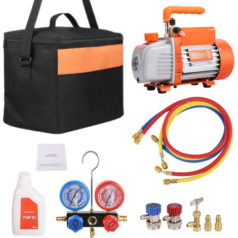 Mophorn 1/5 HP 3.5 CFM AC Bomba de vacío y juego de manómetros Kit HVAC de paletas rotativas de una etapa con manómetros de colector, manguera de tres colores, bolsa de transporte, para R134a y R410a