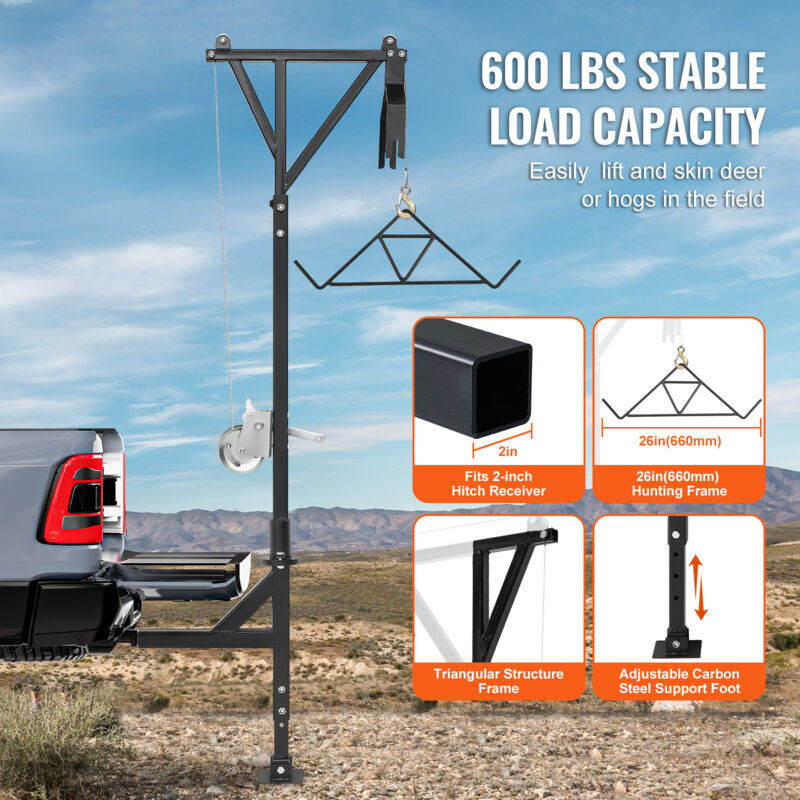 Deer Hoist For Trailer Hitch | 600 Lb Capacity, Adjustable Height, 360° Rotation, Gambrel Included