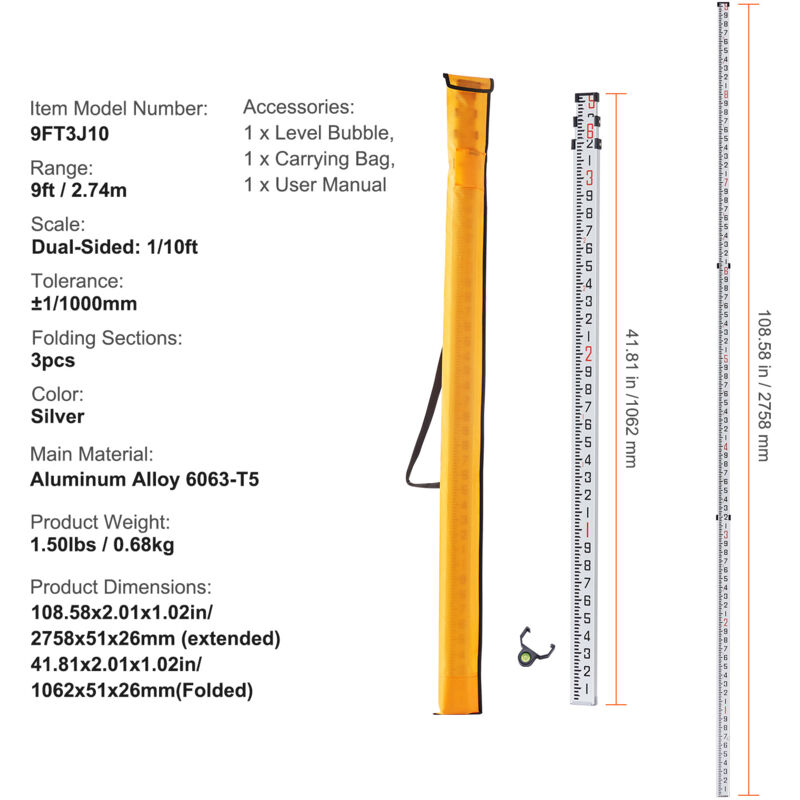 Fancyall 9-Foot Telescoping Grade Rod – Aluminum, Dual-Side Scale, Bubble Level, Carrying Bag
